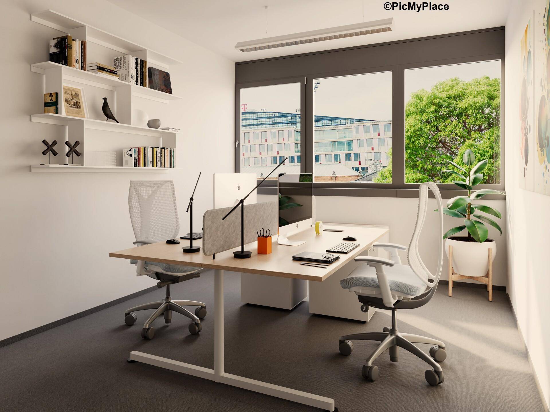 Helles Einzelbüro mit zwei Arbeitsplätzen, schwebenden Regalen und einem Ausblick auf die städtische Umgebung und Bäume.