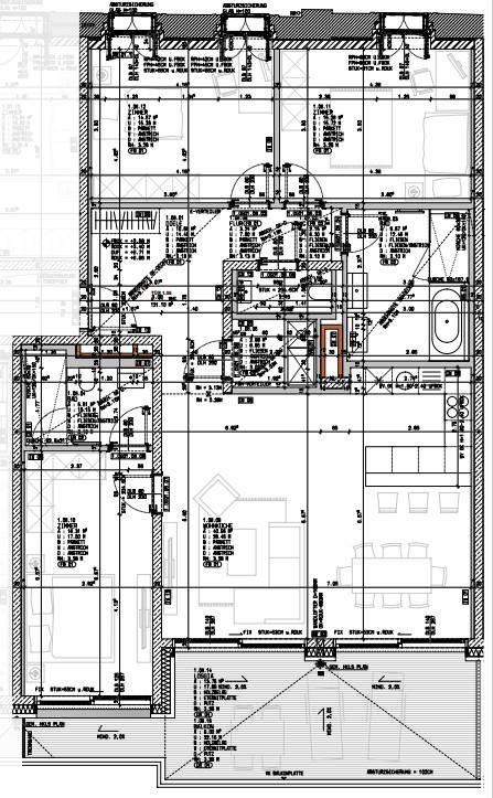 Detaillierter Grundrissplan der Wohnung mit offener Raumaufteilung, Balkon und Terrasse.