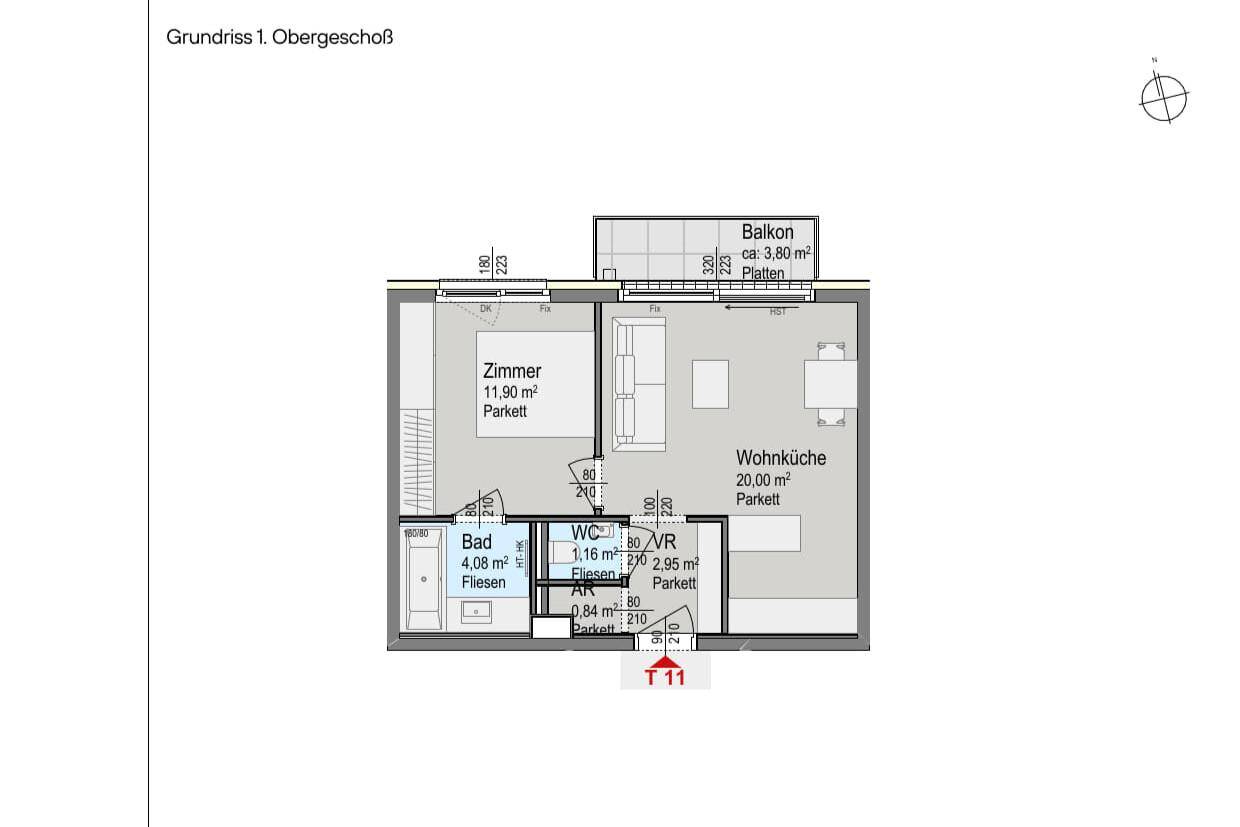 Grundriss des 1. Obergeschosses mit Wohnküche, Schlafzimmer und Balkon.