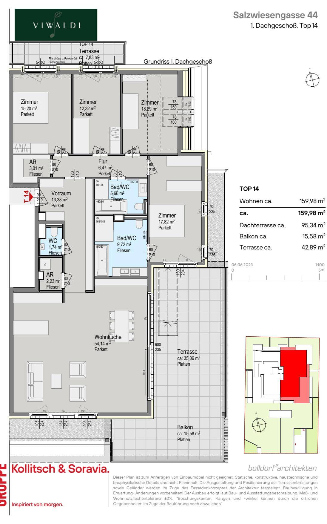 Detaillierter Grundriss des Dachgeschosses mit mehreren Zimmern, Terrassen und Balkon.