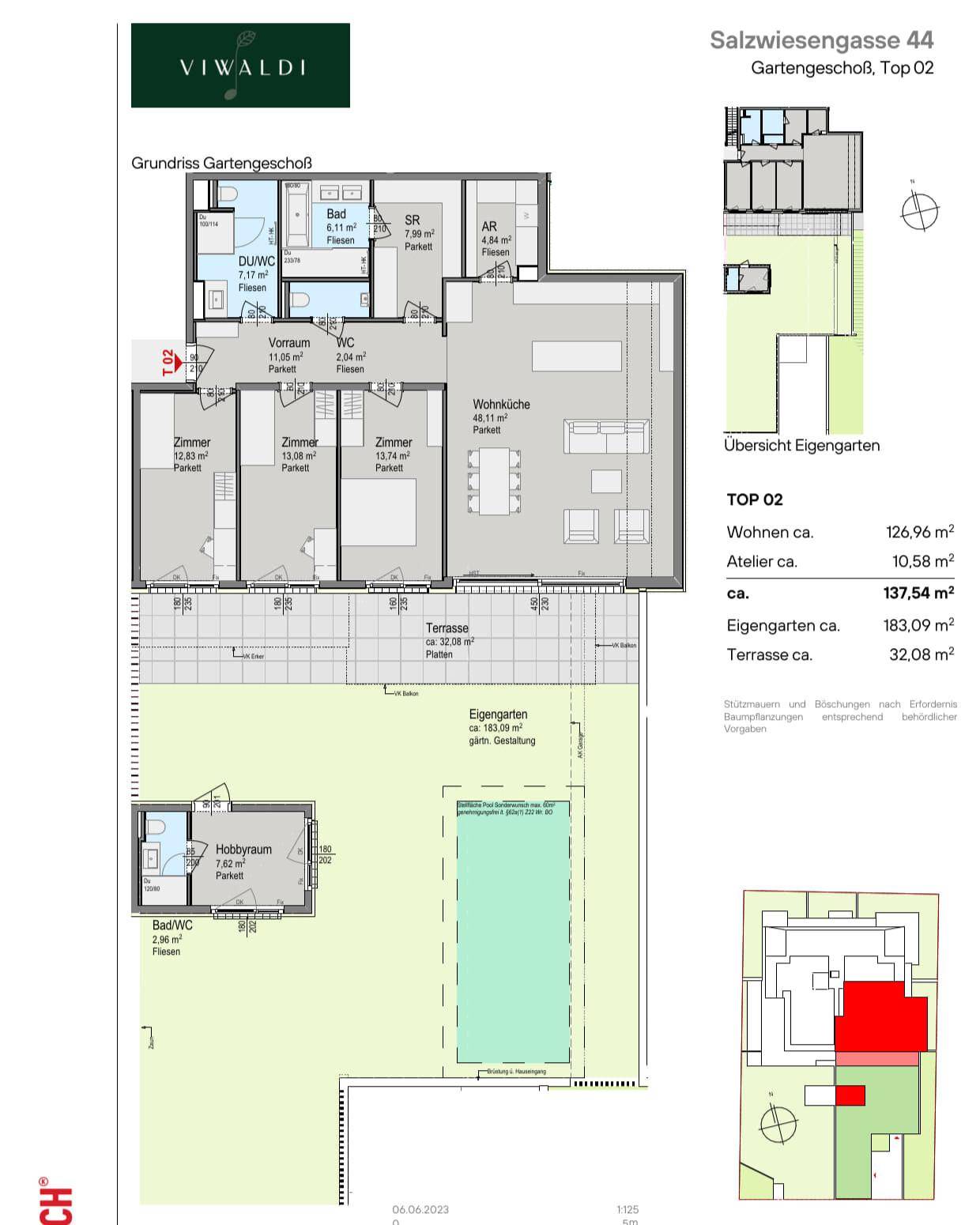 Grundriss des Gartengeschosses mit drei Zimmern, Terrasse und eigenem Gartenbereich.