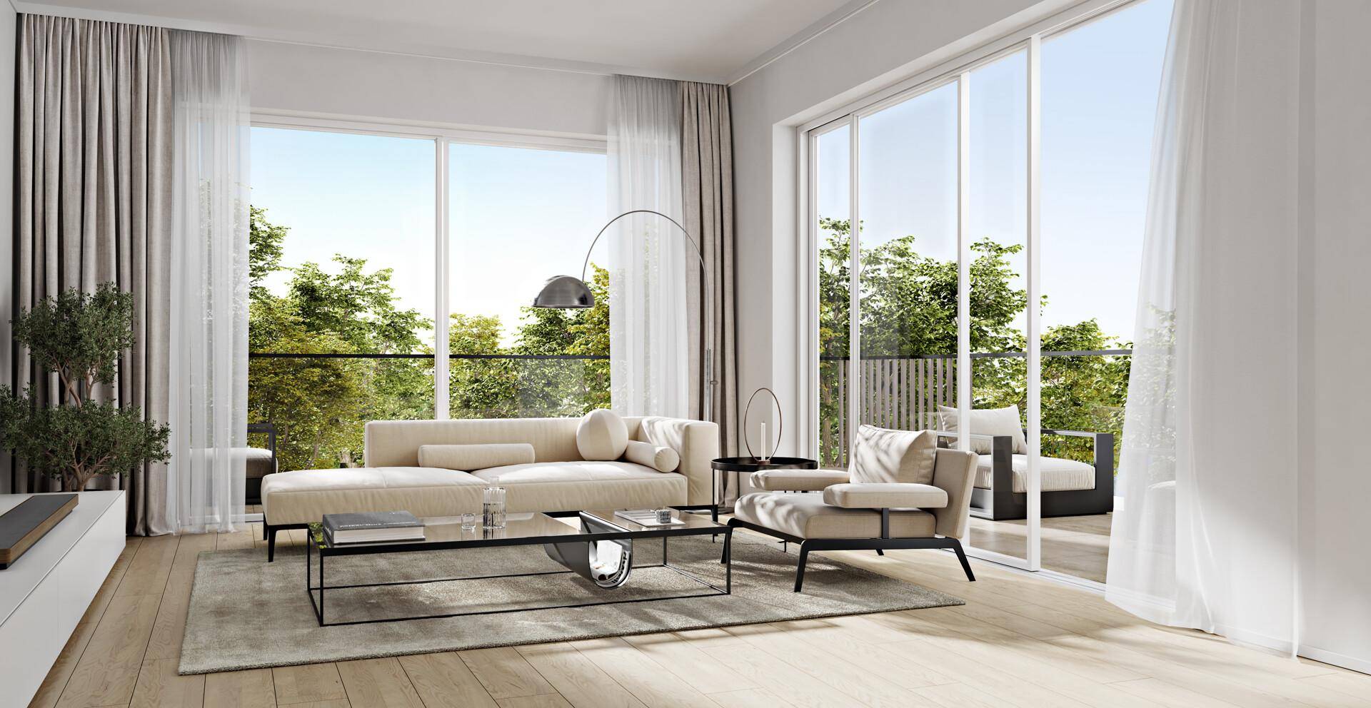 Helles Wohnzimmer mit großen Fensterfronten, Holzboden und Zugang zur Terrasse.