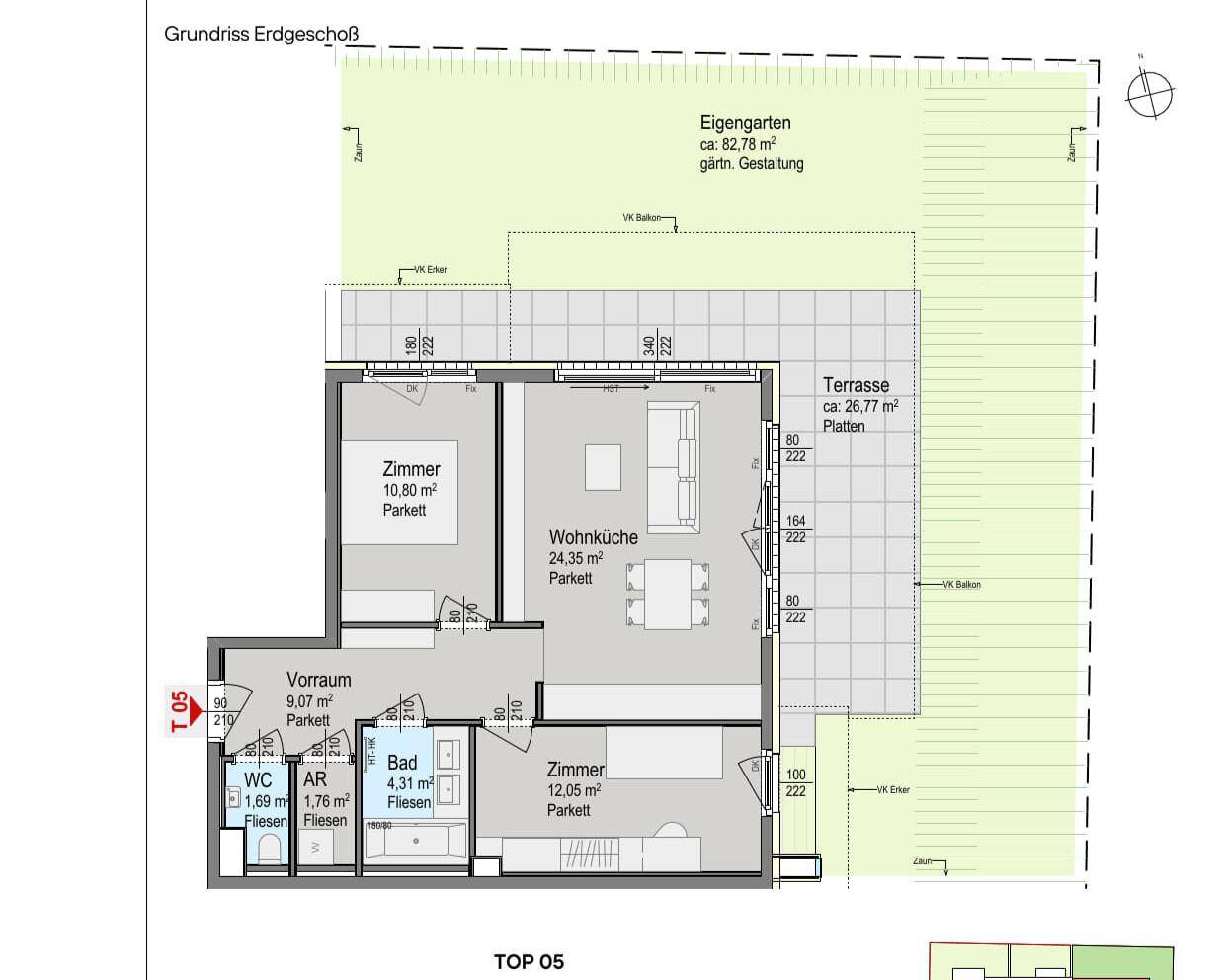 Grundriss des Erdgeschosses mit Wohnküche, zwei Zimmern, Bad, WC, Abstellraum, Terrasse und Garten.