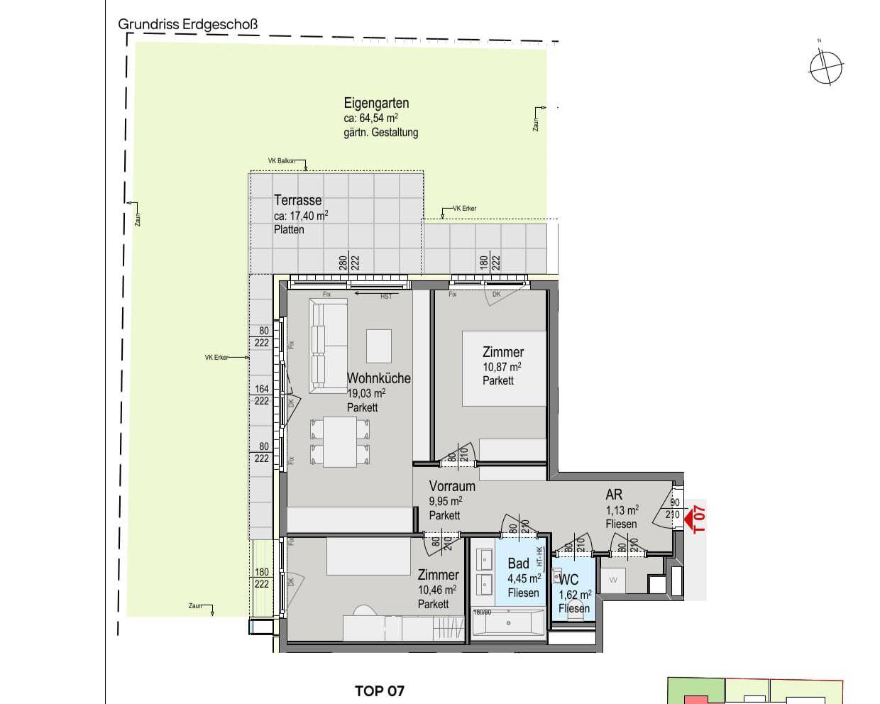 Grundriss des Erdgeschosses mit Wohnküche, zwei Zimmern, Bad, WC, Terrasse und eigenem Garten.