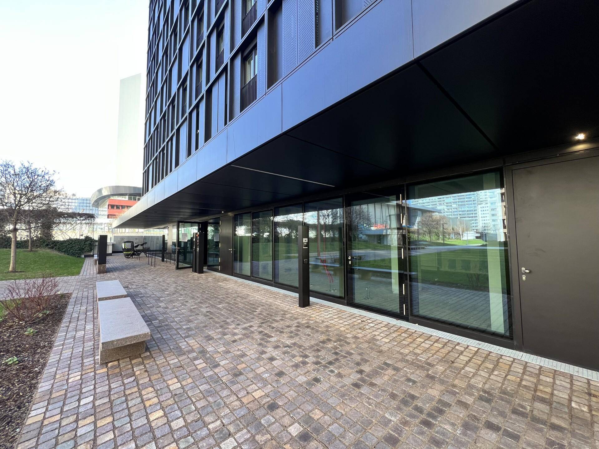 Eingangsbereich eines modernen Gebäudes mit großen Glasfronten, gepflastertem Vorplatz und angrenzender Grünfläche.