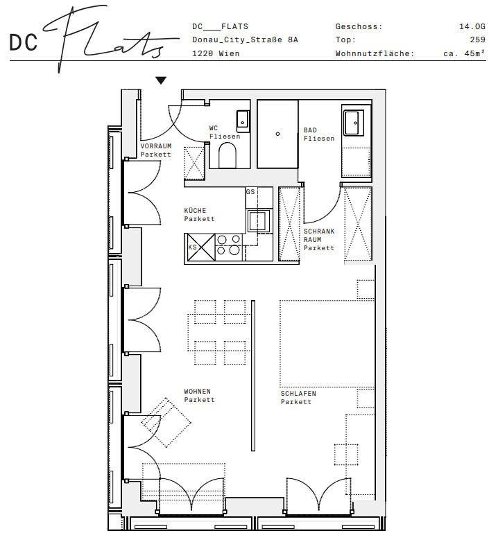 Grundriss einer 45m² Wohnung mit separatem Schlafzimmer, Wohnbereich und Küche.