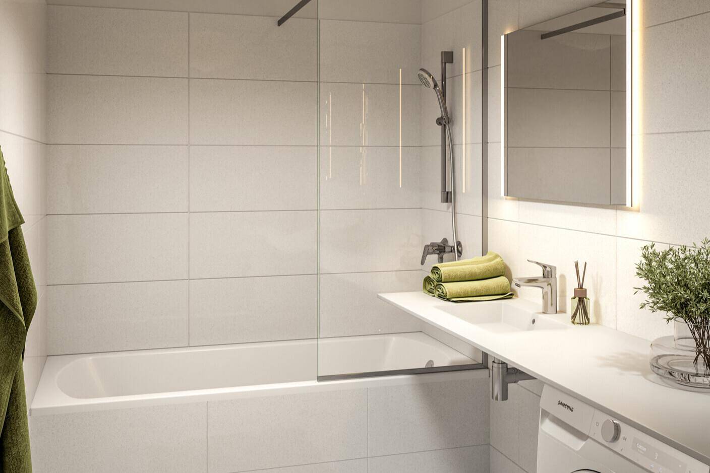 Modernes Badezimmer mit Badewanne, integrierter Dusche und beleuchtetem Spiegel.
