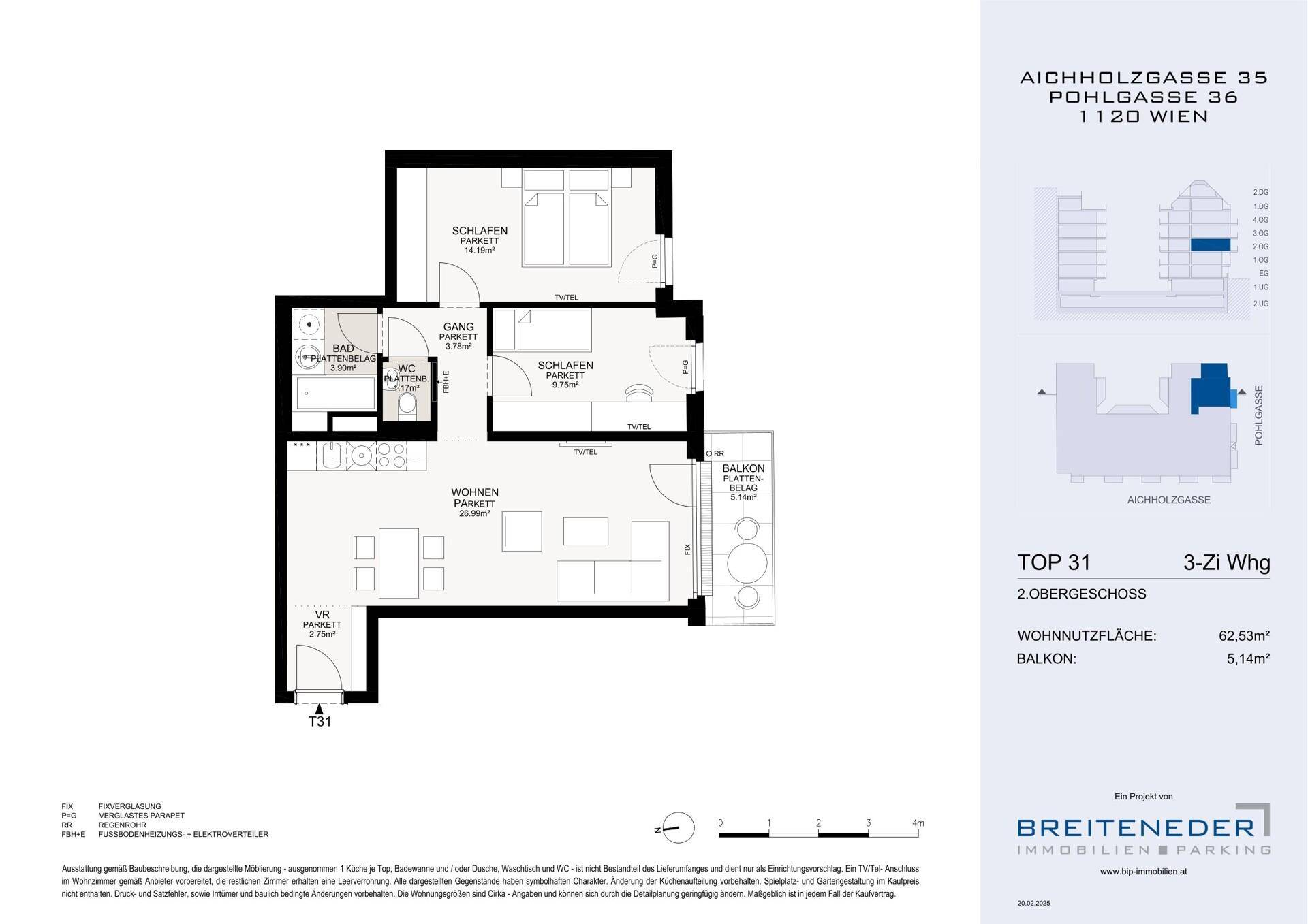 Grundriss der Wohnung TOP 31 im 2. Obergeschoss mit zwei Schlafzimmern und Balkon.