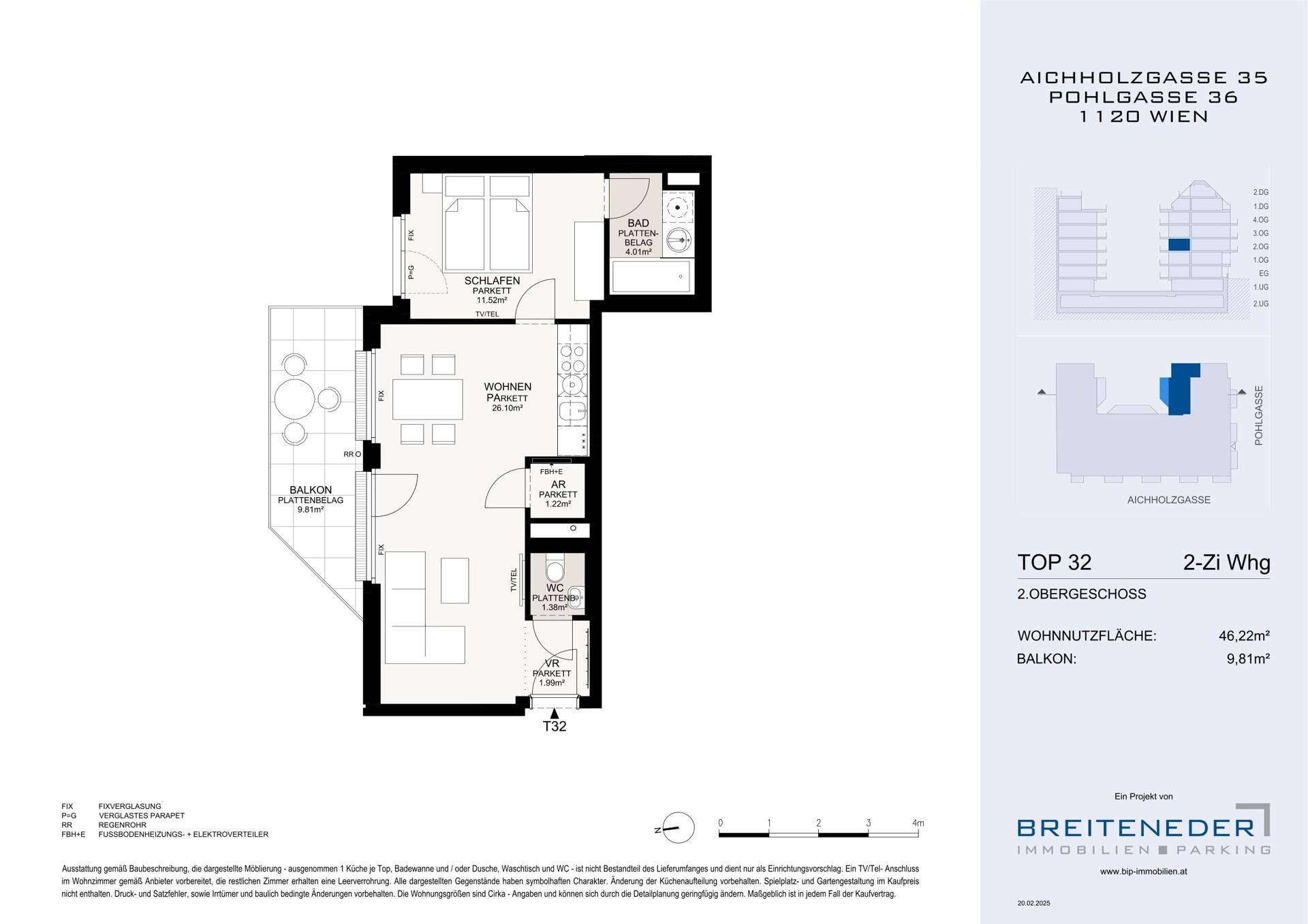 Grundriss der Wohnung TOP 32 im 2. Obergeschoss mit einem Schlafzimmer und großem Balkon.