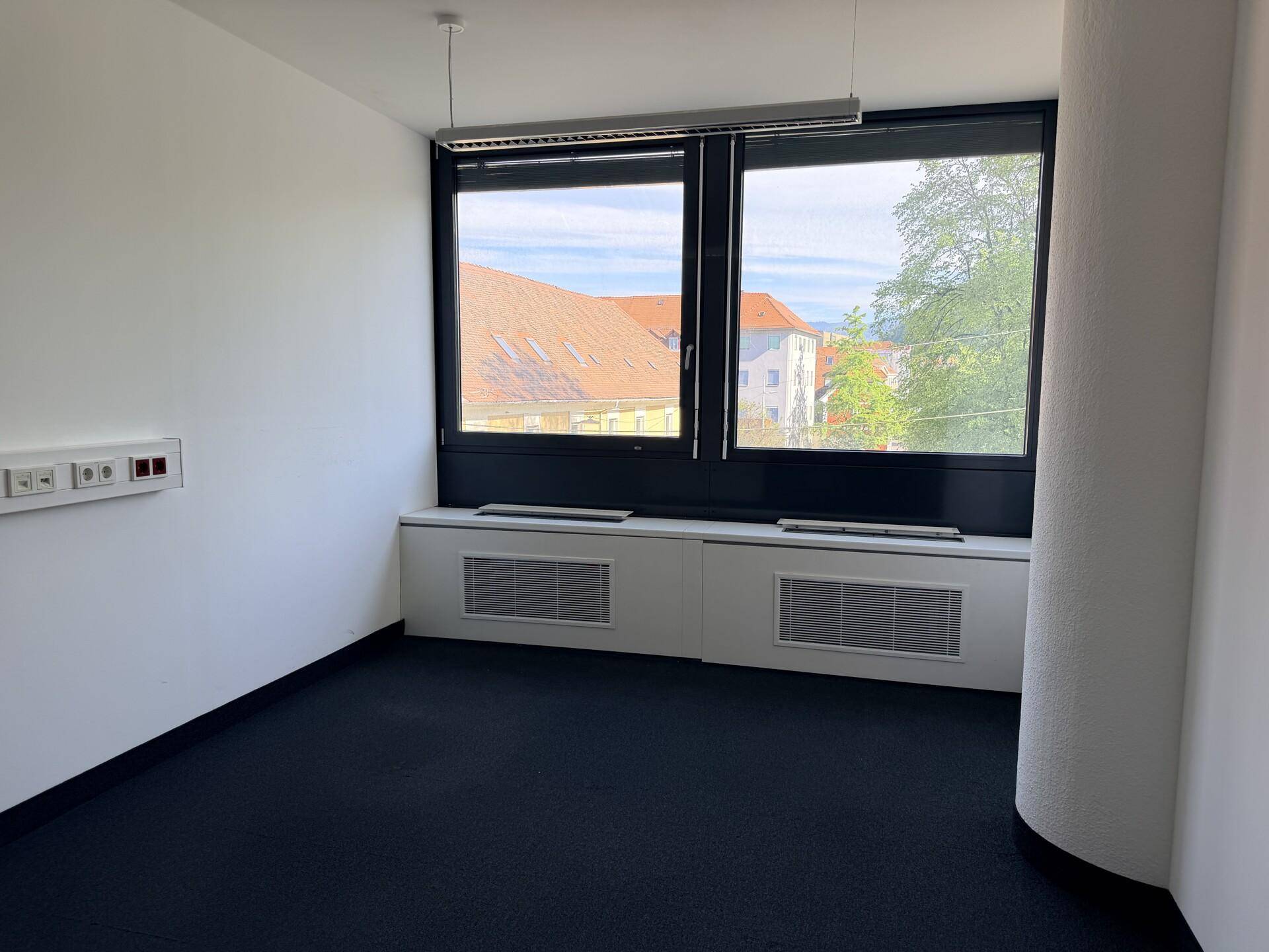 Büro mit großen Fenstern, die einen Blick auf die umliegenden Gebäude und Bäume bieten, und dunklem Teppichboden.