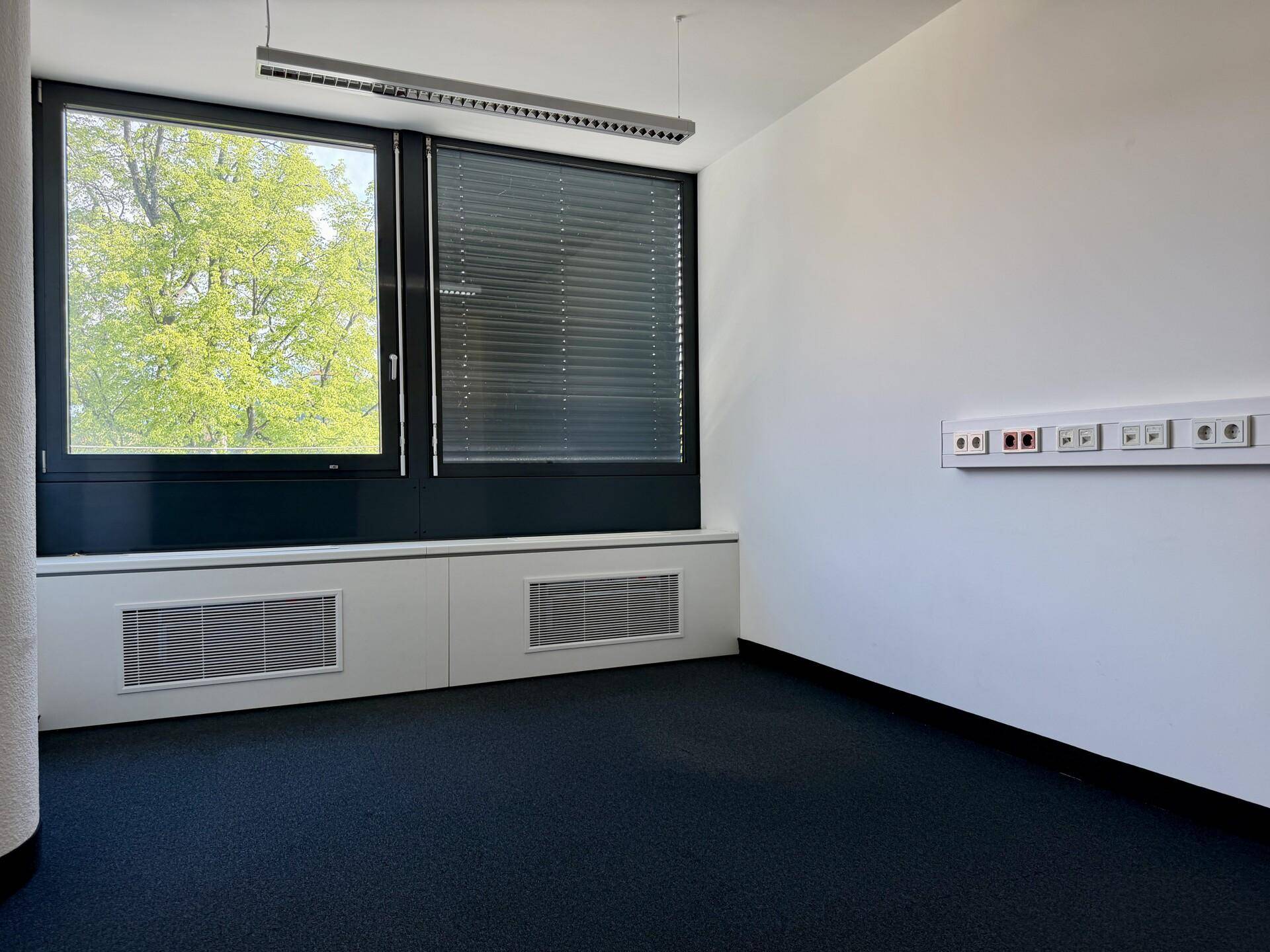 Modernes Büro mit dunklem Teppichboden, großen Fenstern mit Jalousien und Blick ins Grüne.