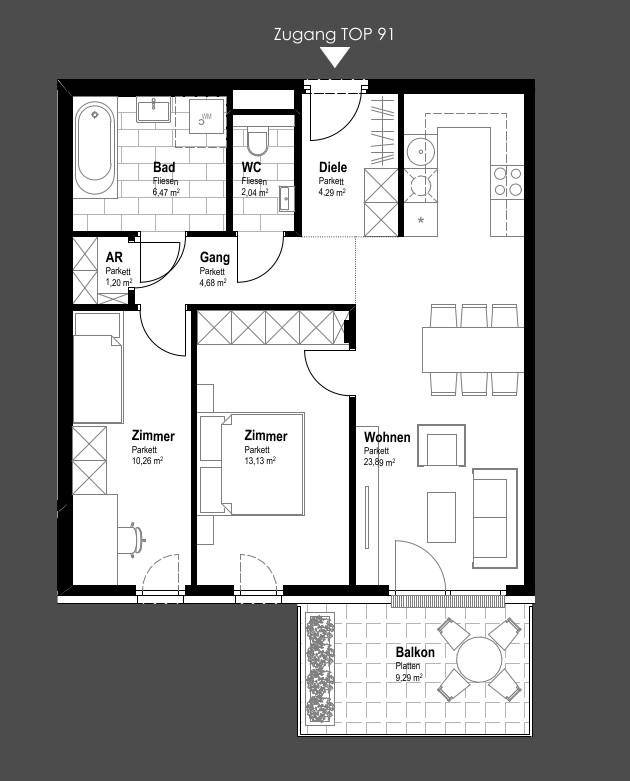 Grundriss der Wohnung TOP 91 mit zwei Zimmern, Bad, WC und Balkon.