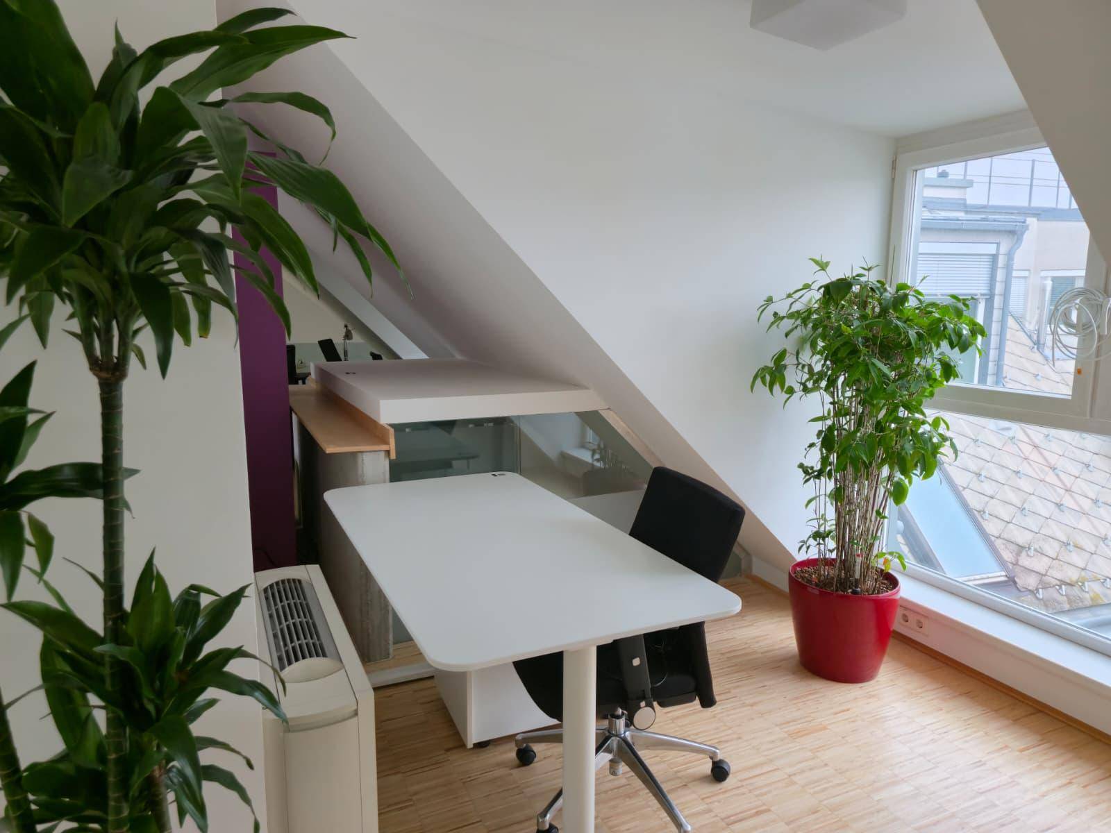 Gemütlicher Arbeitsbereich im Dachgeschoss mit Schreibtisch, Pflanzen und schrägen Wänden.