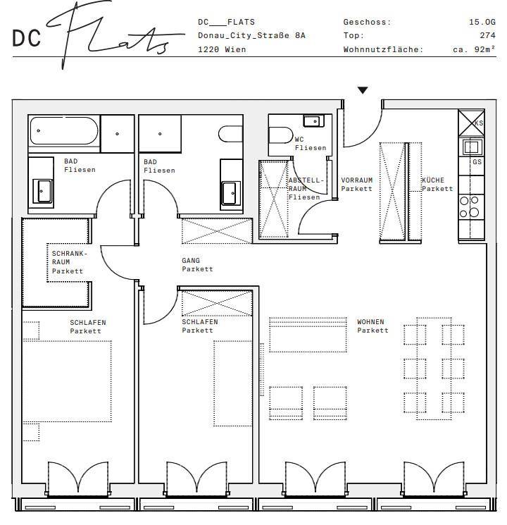 Grundriss einer 92m² Wohnung mit drei Schlafzimmern, zwei Bädern und offenem Wohnbereich.