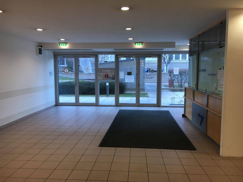 Heller Eingangsbereich mit Fliesenboden, großen Glastüren und einem Teppich, der nach draußen führt.