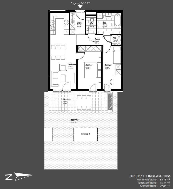 Grundriss der Wohnung Top 19 im 1. Obergeschoss mit Terrasse und Gartenanteil.