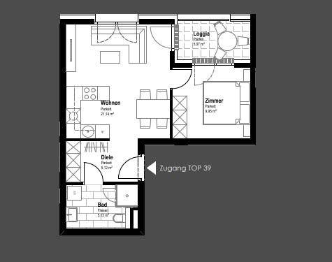 Grundriss einer Wohnung mit Wohnbereich, Zimmer, Bad und Loggia.