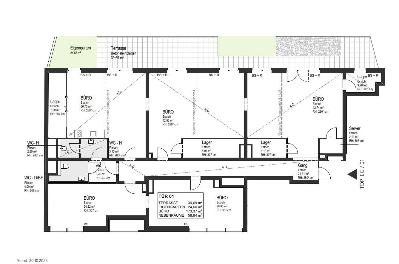 Ein detaillierter Grundriss mit mehreren Büroräumen, Lagern, Toiletten und einer großen Terrasse mit Gartenbereich.