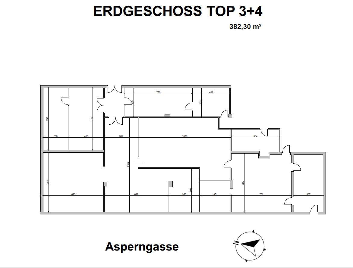 Grundriss des Erdgeschosses Top 3+4 mit einer Gesamtfläche von 382,30 m².