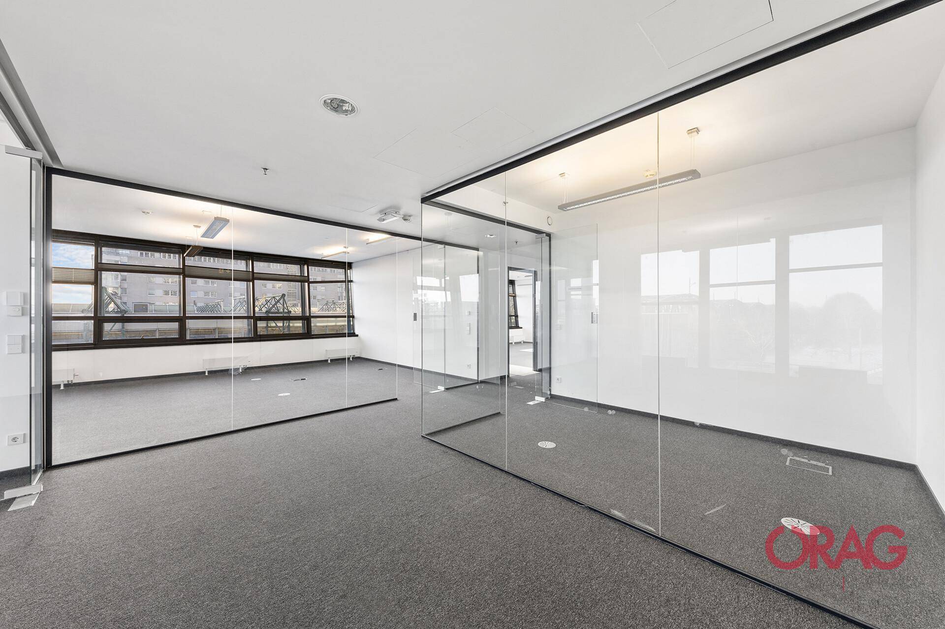 Modernes Büro mit Glaswänden und Teppichboden, das viel Tageslicht hereinlässt und eine offene Atmosphäre schafft.