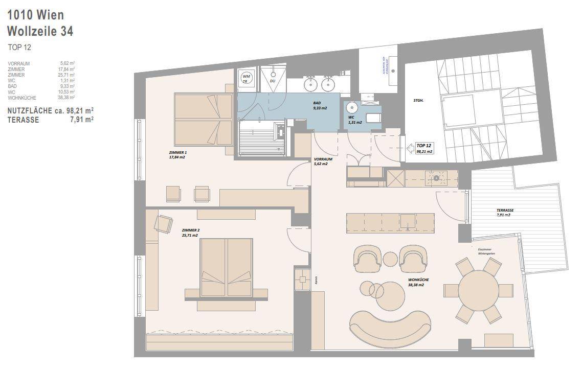 Grundriss der Wohnung mit zwei Schlafzimmern, offenem Wohnbereich und einer Terrasse.