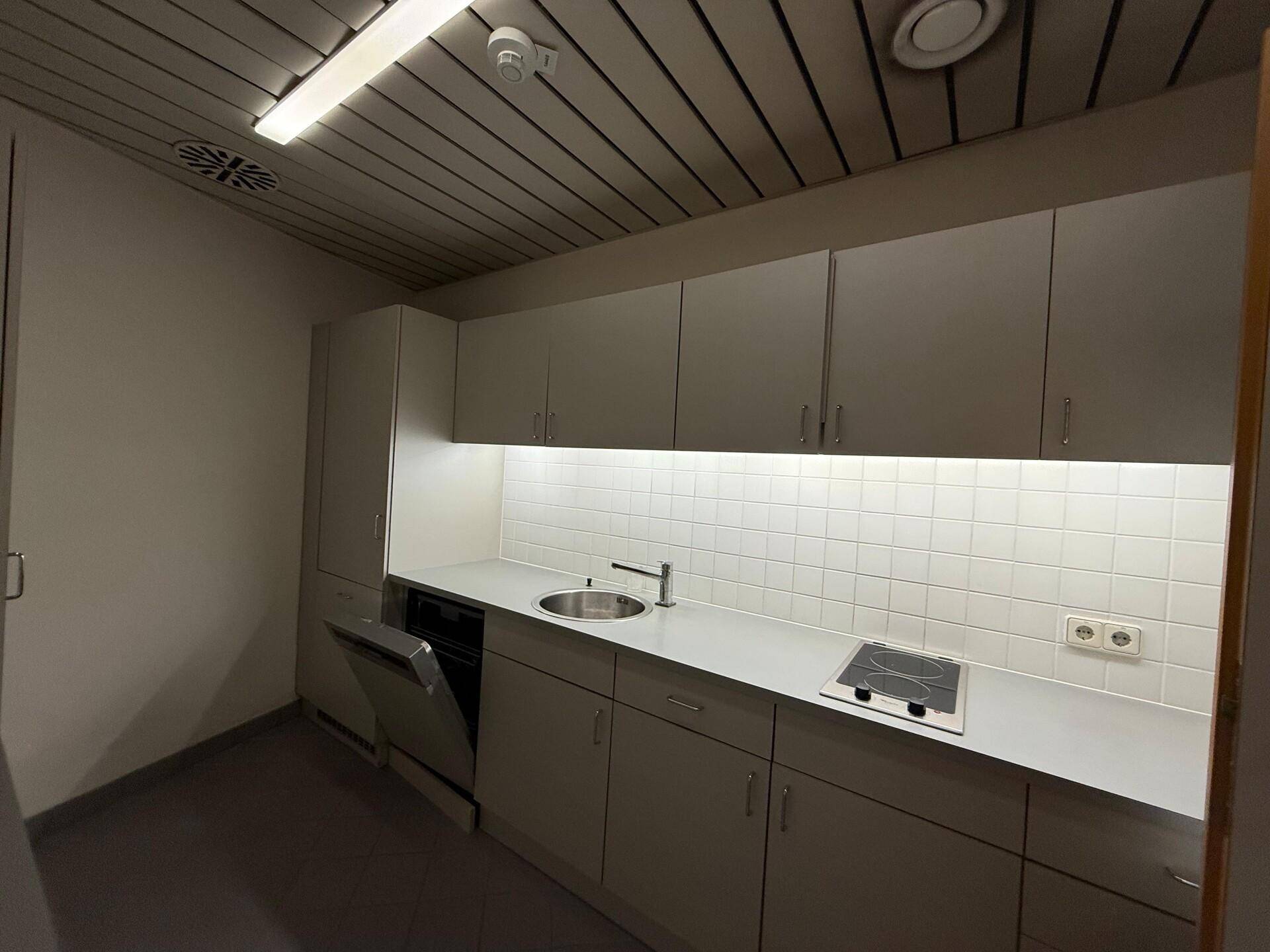 Funktionale Küchenzeile mit grauen Schränken, Spülmaschine und Induktionskochfeld unter einer Holzdecke.