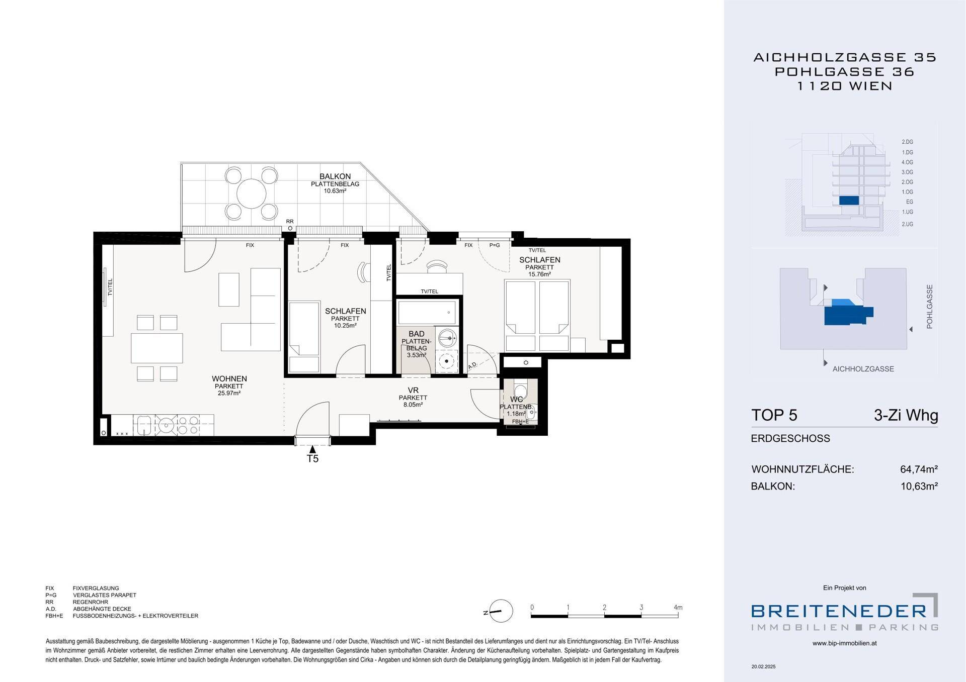 Grundriss einer 3-Zimmer-Wohnung im Erdgeschoss mit Balkon und 64,74m² Wohnfläche.