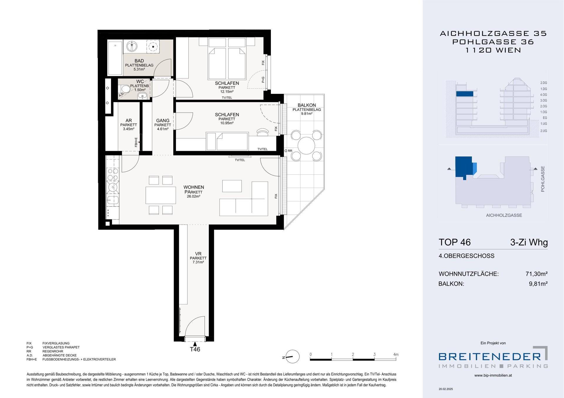Grundriss einer 3-Zimmer-Wohnung im 4. Obergeschoss mit Balkon und Parkettboden.