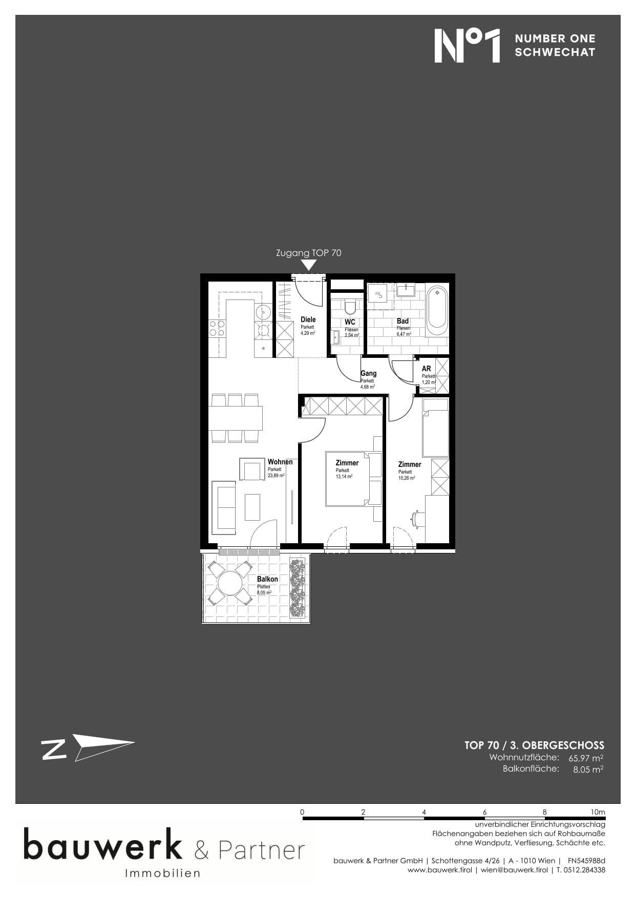 Grundriss einer Wohnung im 3. Obergeschoss mit Wohnküche, zwei Zimmern, Bad, WC und Balkon.