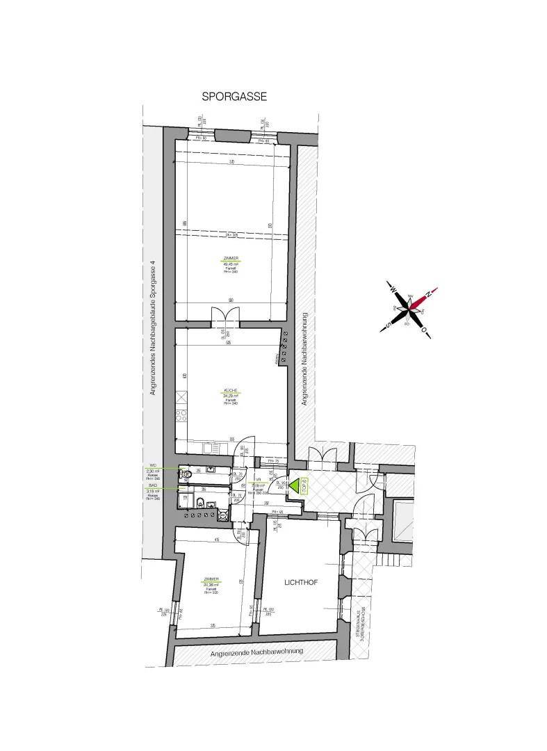 Detaillierter Grundriss einer Wohnung an der Sporgasse mit mehreren Räumen und einem Lichthof.