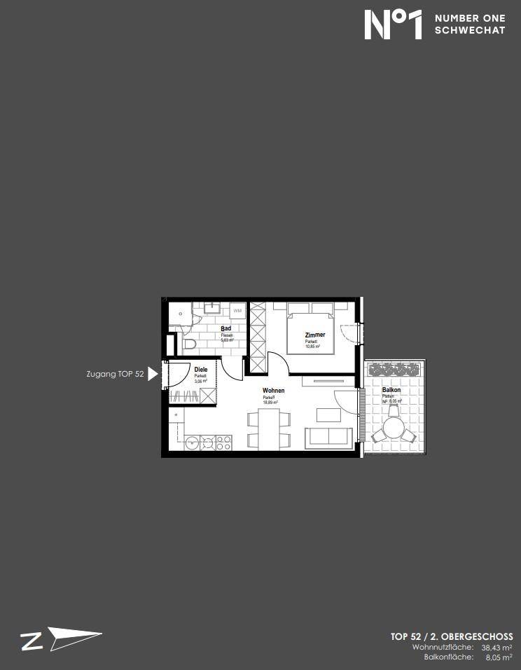 Grundriss einer Wohnung im zweiten Obergeschoss mit Wohnbereich, Schlafzimmer und Balkon.