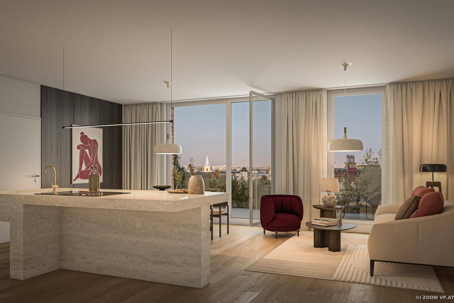 Offener Wohnbereich mit Kücheninsel, modernen Möbeln und Zugang zu einem Balkon mit Stadtblick.