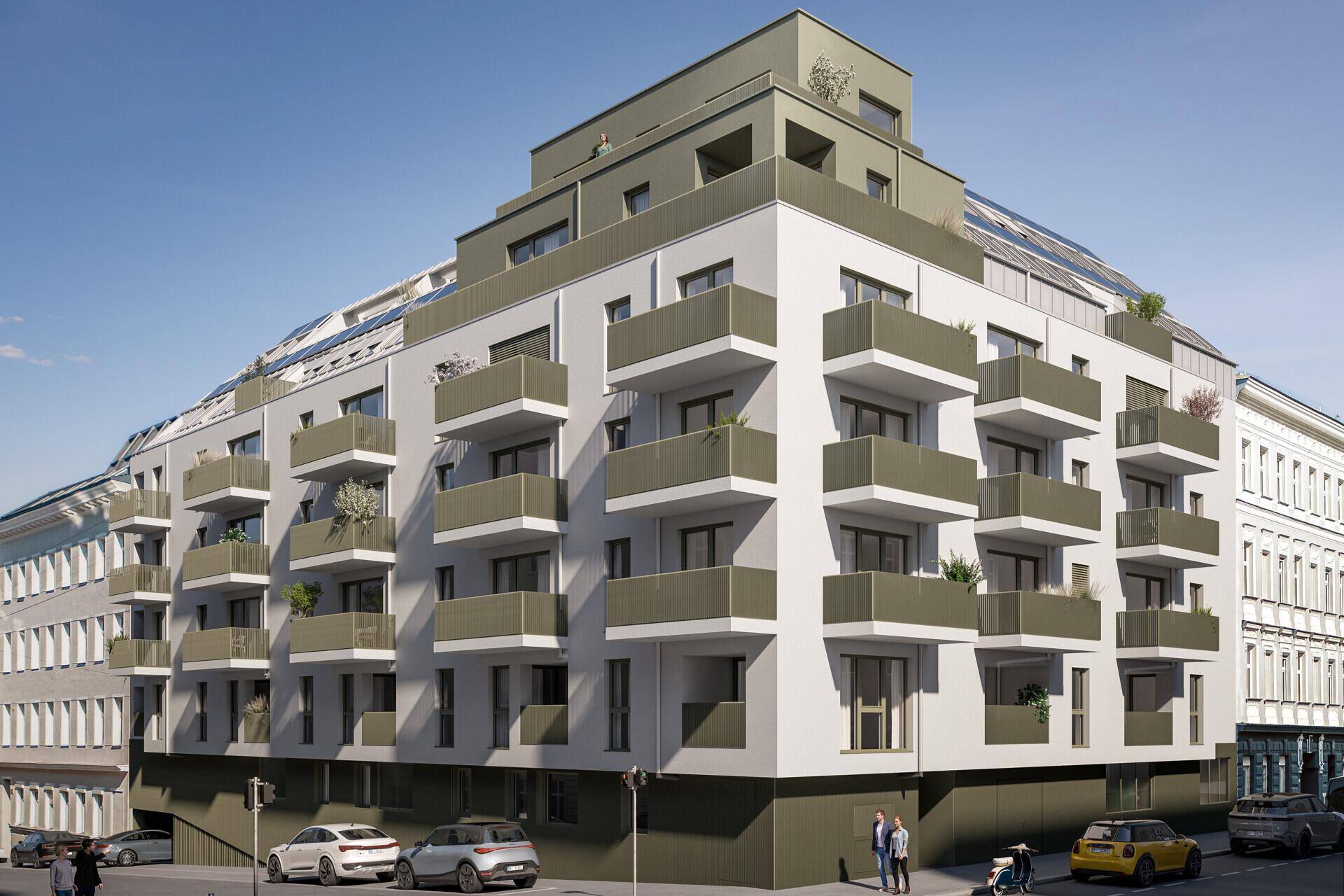 Moderne Wohnanlage mit zahlreichen Balkonen und einer ansprechenden Fassadengestaltung.