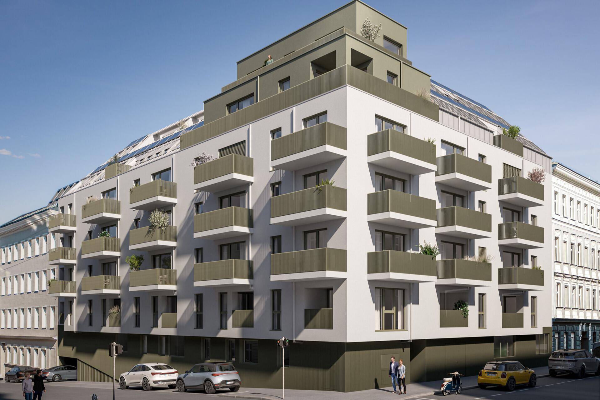 Moderne Wohnanlage mit zahlreichen Balkonen und zeitgenössischer Architektur in urbaner Umgebung.