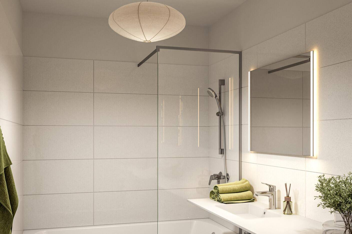 Modernes Badezimmer mit großer Dusche, Einzelwaschbecken und beleuchtetem Spiegelschrank.
