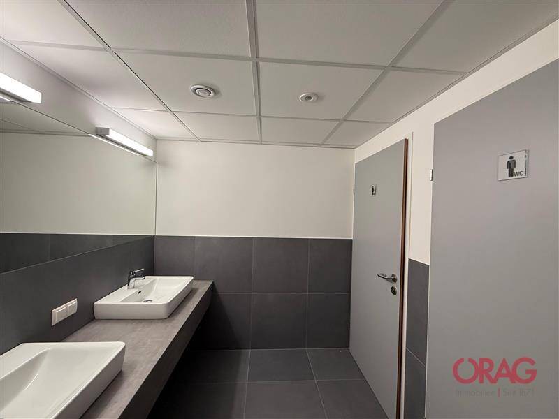 Modernes Badezimmer mit zwei Waschbecken, großen Spiegeln und grauen Fliesen an Wänden und Boden.
