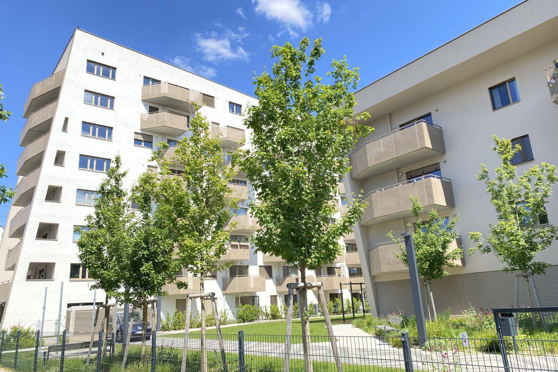 Neubauwohnungen mit Balkonen und jungen Bäumen in einer modernen Wohnanlage.