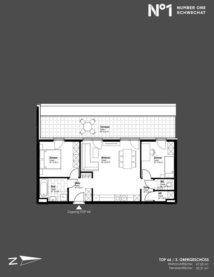 Grundriss einer Wohnung im 3. Obergeschoss mit Terrasse, zwei Zimmern und offenem Wohnbereich.