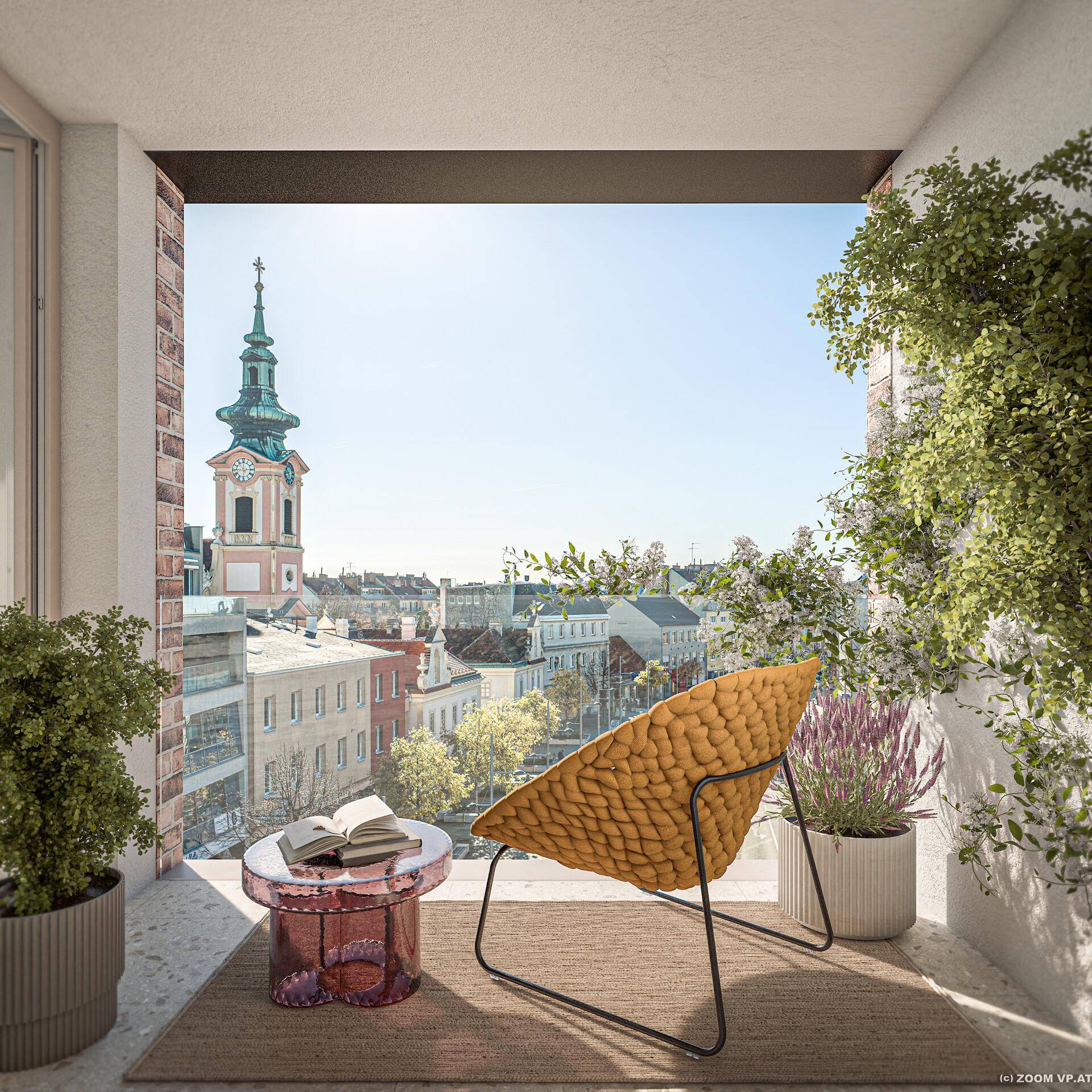 Sonniger Balkon mit Stadtblick, bequemen Sitzgelegenheiten und grünen Pflanzen.