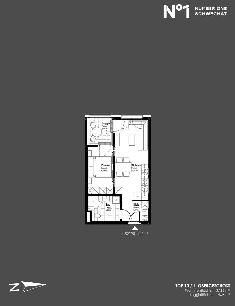 Grundriss einer Wohnung mit einem Zimmer, Wohnbereich, Bad und Loggia.