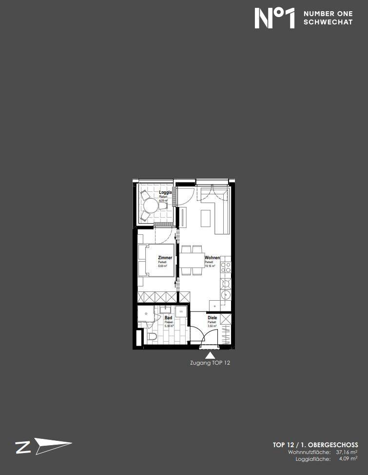 Grundriss für Top 12 im ersten Obergeschoss mit Zimmer, Wohnbereich und Loggia.