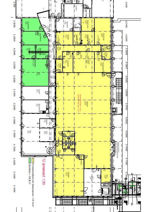 Grundrissplan eines Gebäudegeschosses mit verschiedenen Räumen und Flächenmarkierungen.