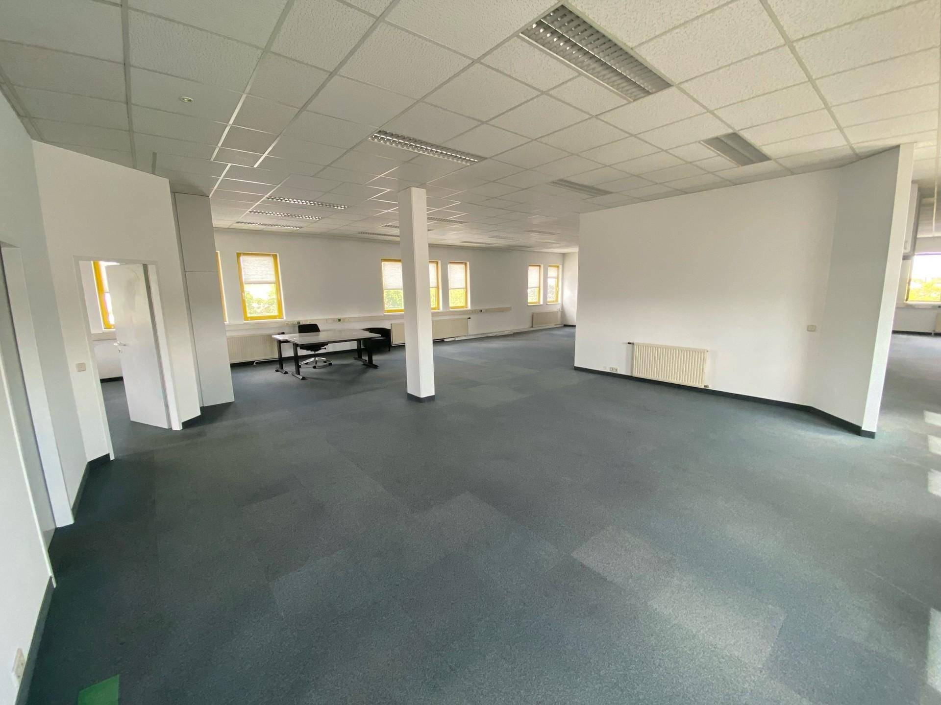 Großzügiger, offener Bürobereich mit Teppichfliesen und vielen Fenstern, ideal für flexible Arbeitsplatzgestaltung.