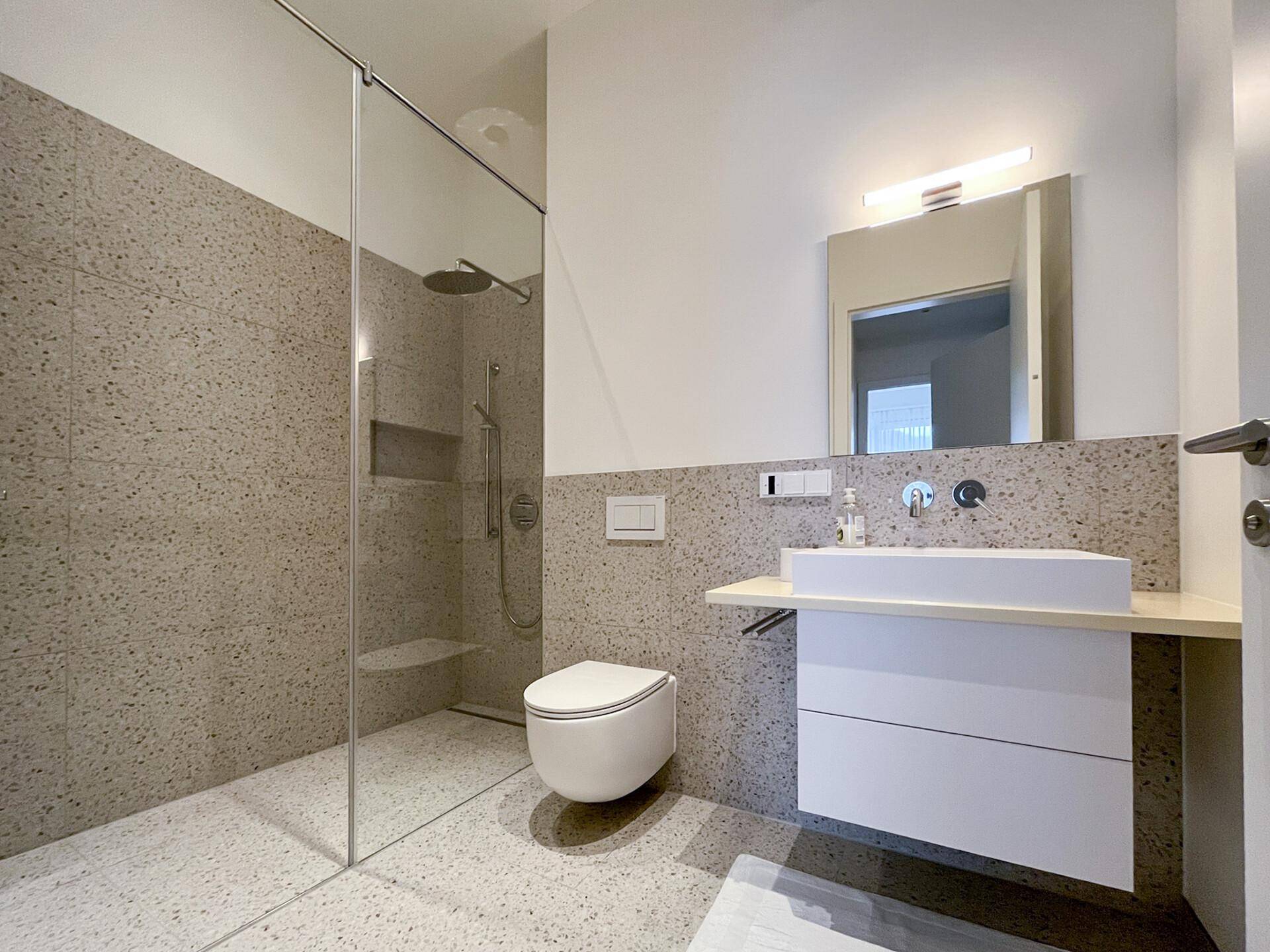 Modernes Badezimmer mit begehbarer Dusche, wandhängendem WC und Einzelwaschbecken.