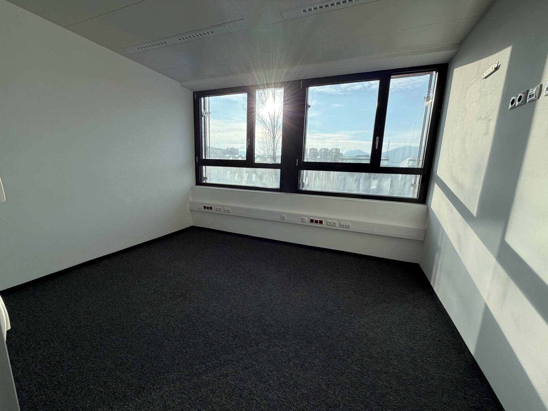 Kleineres Büro mit Teppichboden und zwei großen Fenstern, die viel natürliches Licht hereinlassen.