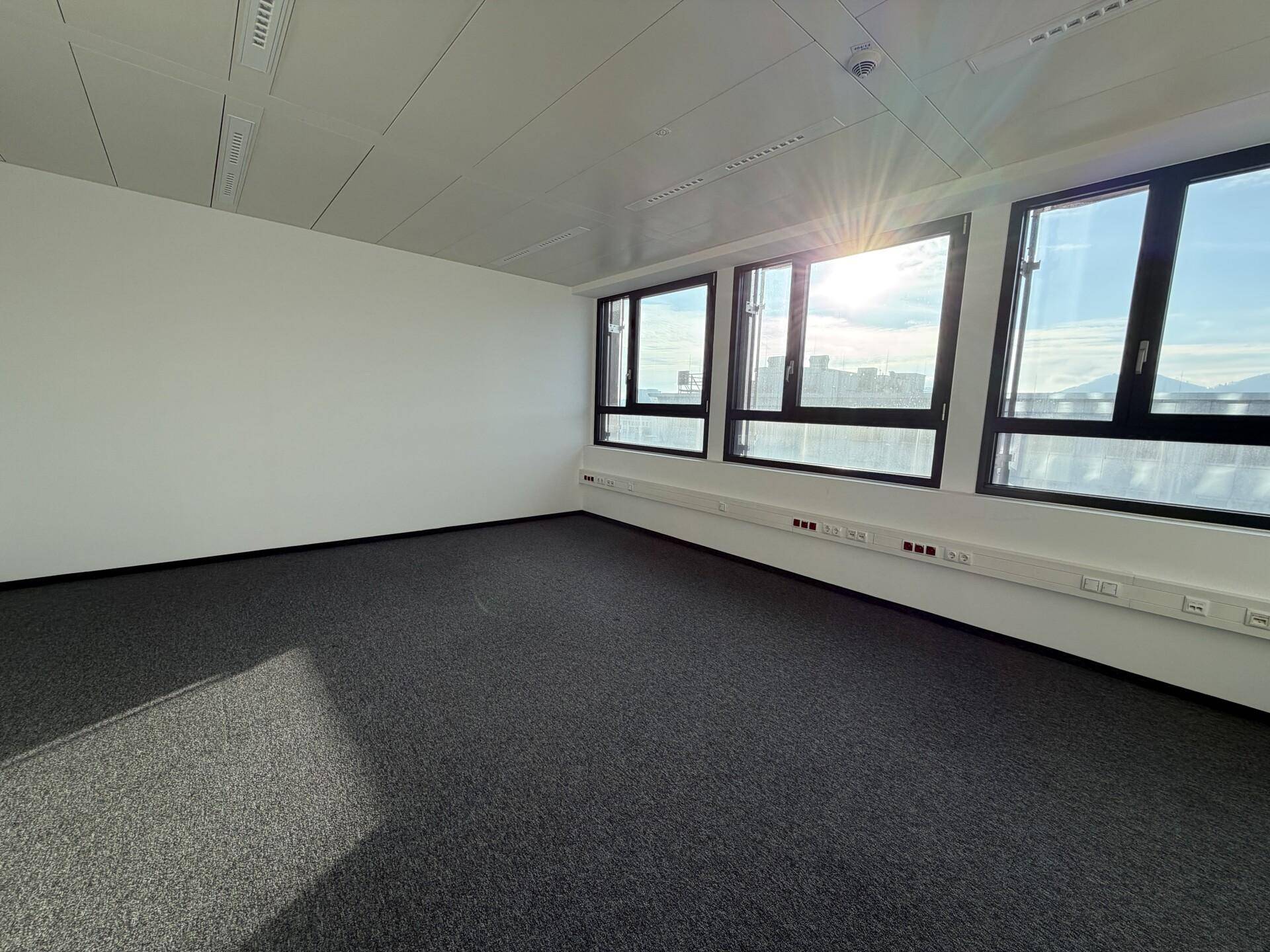 Großes, leeres Büro mit Teppichboden und einer Fensterfront, die den Raum mit Licht füllt.