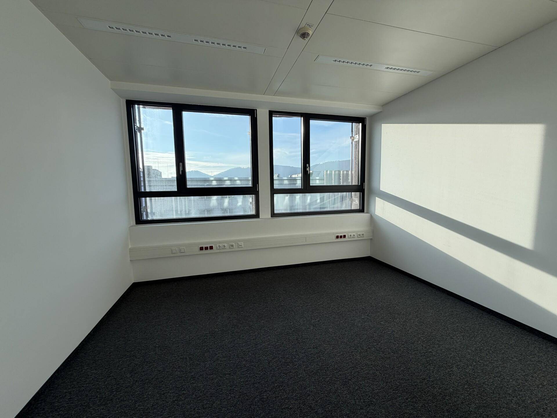 Helles Büro mit Teppichboden und zwei großen Fenstern, die eine weite Aussicht bieten.