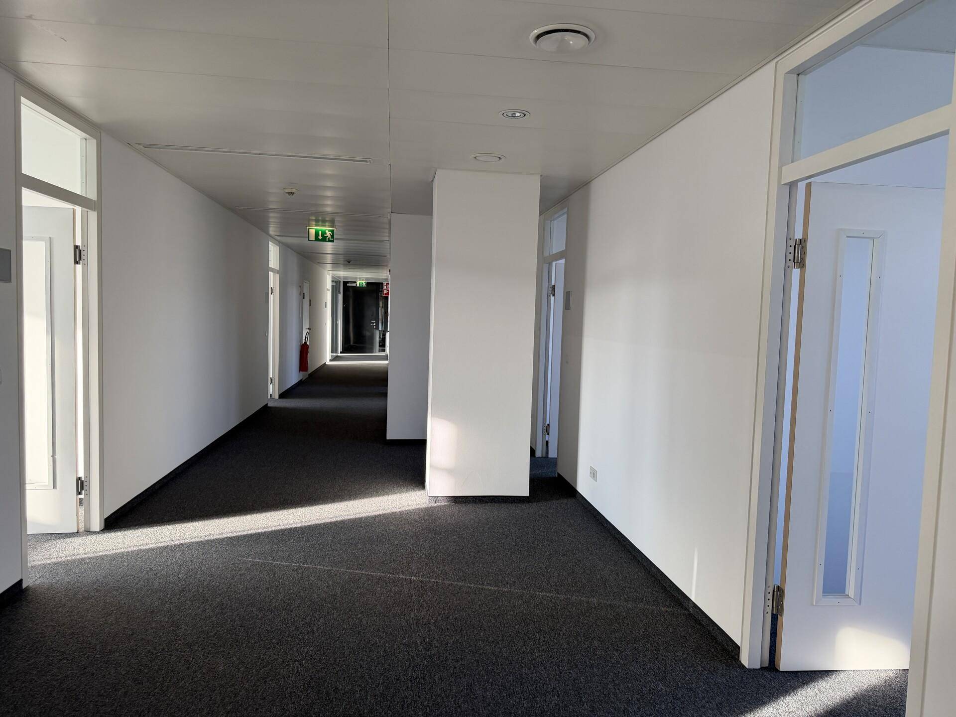 Langer Bürogang mit Teppichboden und mehreren Türen zu den einzelnen Büroräumen.