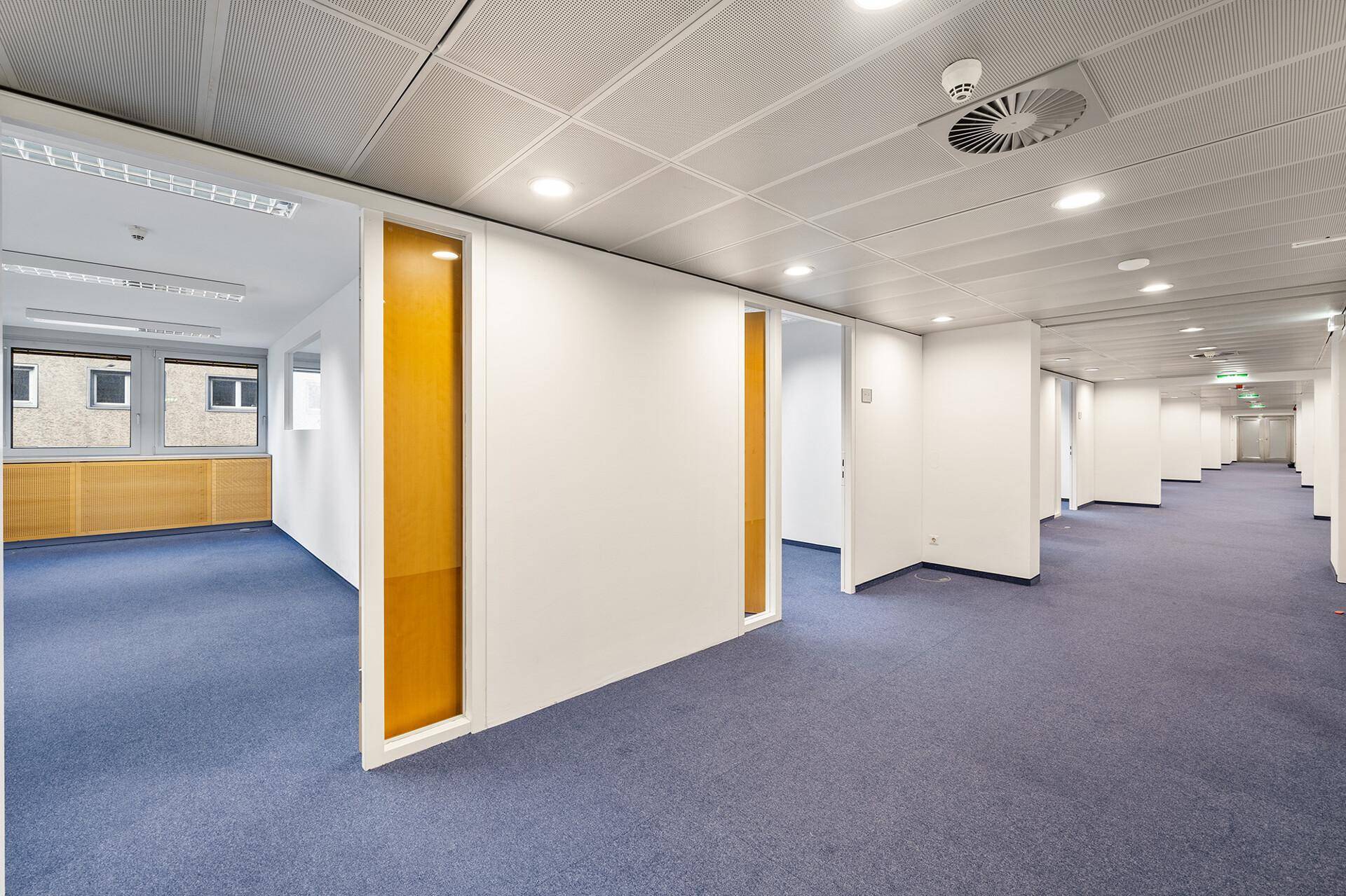 Langer Bürogang mit blauem Teppichboden, weißen Wänden und orangefarbenen Akzenten an den Trennwänden.