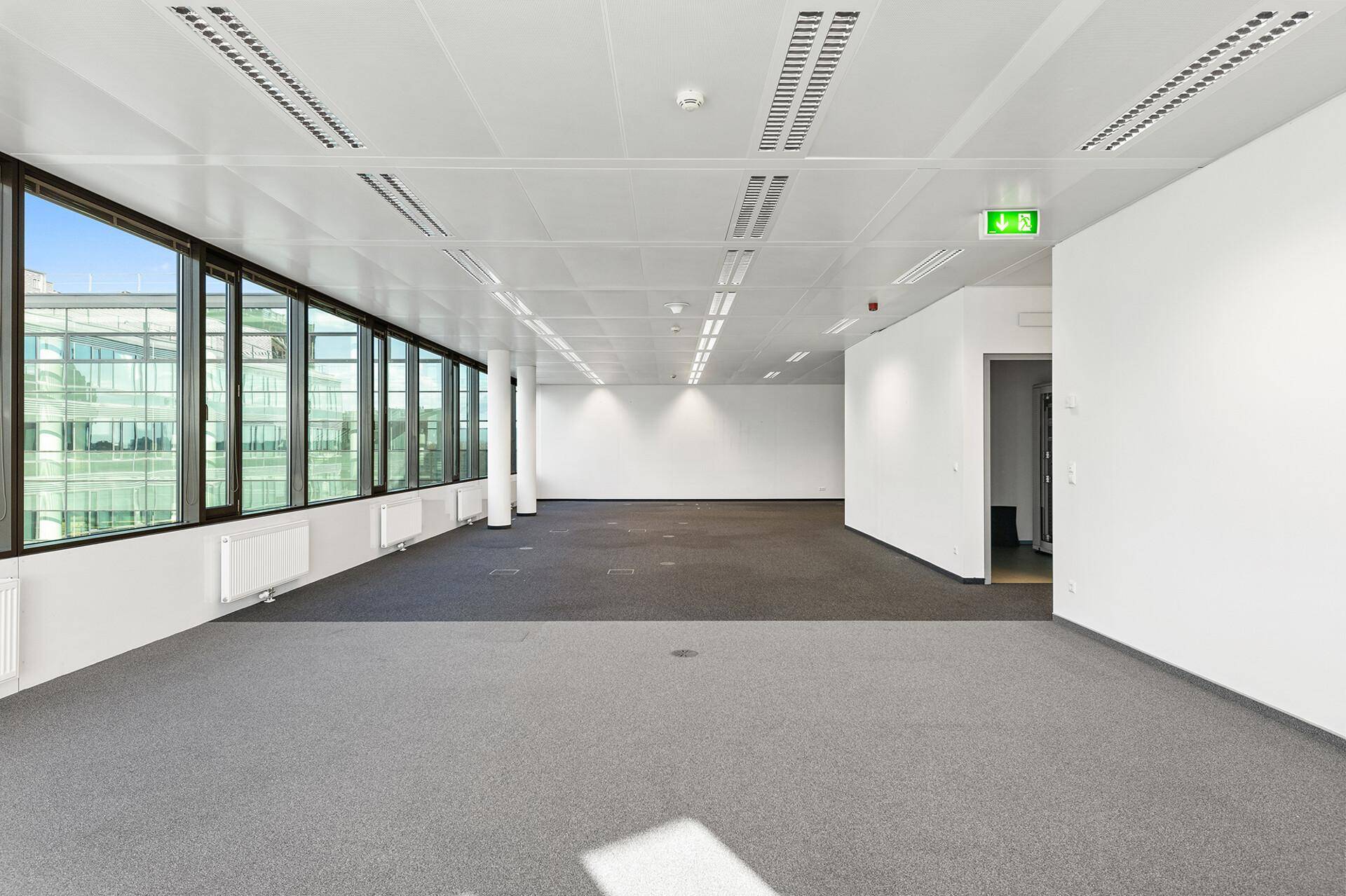 Geräumiger, leerer Büroraum mit großen Fenstern, Teppichboden und weiß gestrichenen Wänden.